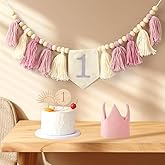 Highchair Banner 1st Birthday Girl For First Party Decorations Set Crown hat With two Cake Topper 1st Birthday Decor (Pink) (Pink)