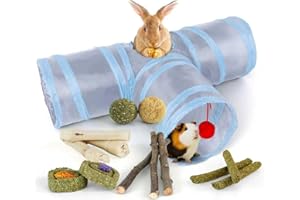 LEXASTLE Bunny Tunnels & Tubes Collapsible 3 Way Rabbit Hideout with 13pcs Toys for Bunny Guinea Pig Hamster Chinchilla Hedge