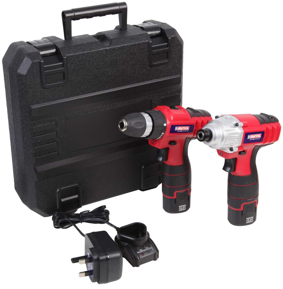 Duratool D03206 2x 1.5Ah Li-Ion Cordless Drill Driver & Impact Driver Kit, 10.8V
