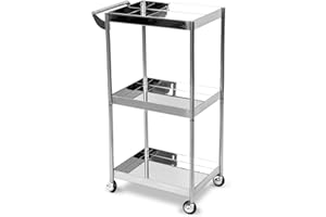 johgee 3 Shelf Mirror Stainless Steel Utility Cart, 3 Tier Stainless Steel Cart with Wheels with Handle, Serving Car, Rolling Medical Cart for Salon, Spa, Lab, Dental Clinic, Lab, Hospital