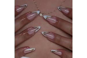 NBNTGH White French Tip Press on Nails Gold Line Fake Nails Medium Almond False Nails with Design Nude Glue on Nails Artificial Acrylic Full Cover Glossy Stick on Nails for Women Manicure 24Pcs