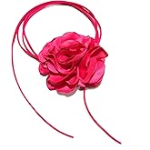 Rofusn Pink Flower Choker for Women, Flower Necklace Big Camellia Lace Collar Necklace Valentines Christmas Wedding Party Jewerly - Hot Pink