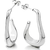 Women's Silver-Tone Open Hoop Earrings, Stainless Steel Sculptural Jewelry | Smooth Open Curve Pair with Fluid Teardrop-Like Profile, Modern Statement Accent for Office, Party, or Everyday Styling
