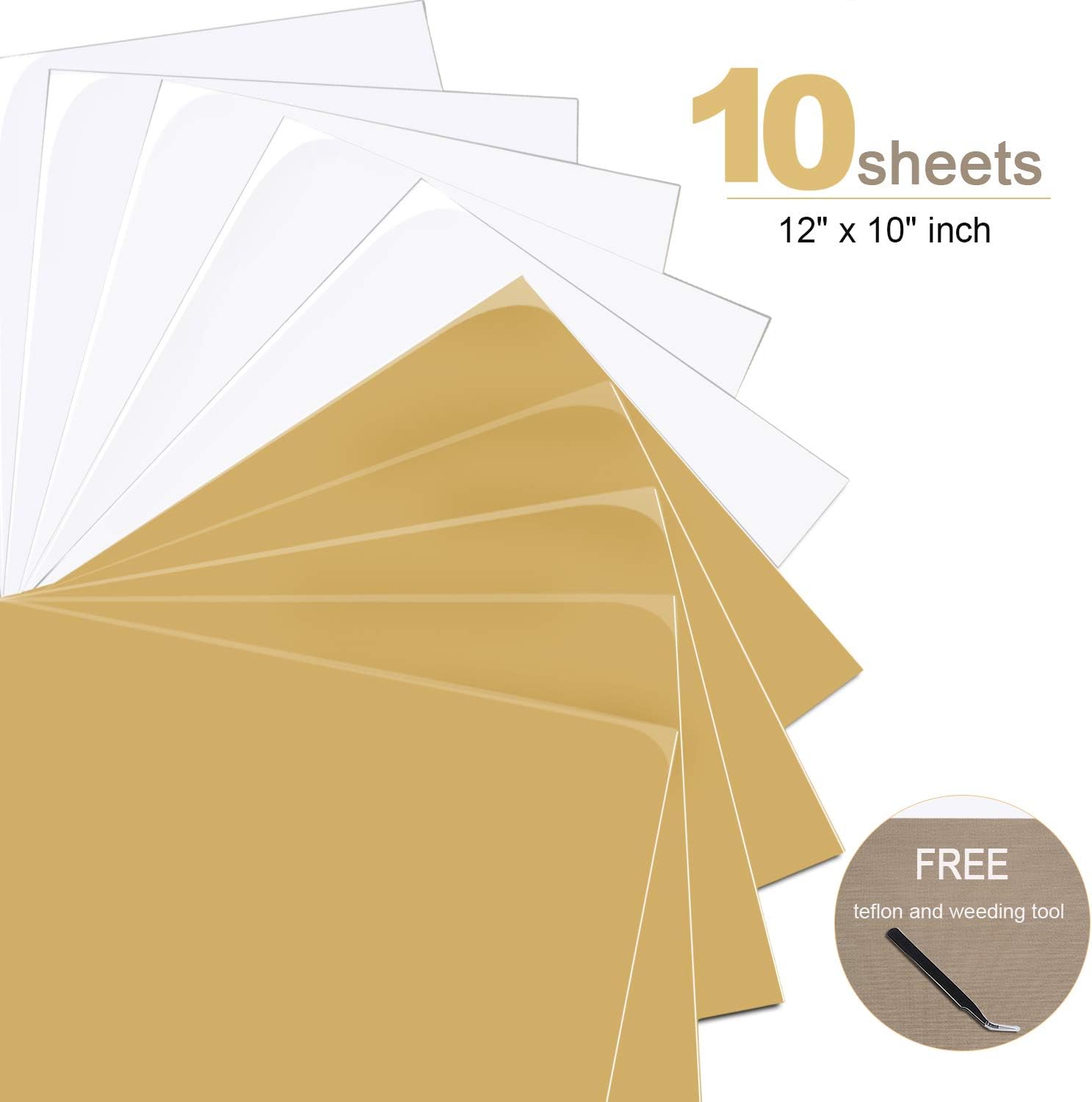 Heat Transfer Vinyl Bundle 10 Pack Mashup Gold and White 10" x 12" Sheets Works with Silhouette Cameo,Cricut or Heat Press Machine,Iron-On HTV for T-Shirts Hats-Teflon & Weeding Tool Included