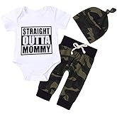 Cute 3pcs Newborn Baby Boys Letter Print Romper+Camouflage Pants+Hat Outfits Set (0-3Months, White&Outta)