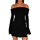 DAAWENXI Women's Casual Off The Shoulder Ribbed Knit Sweater Mini Dress 2025 Fall Long Sleeve A Line Dresses