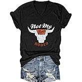 Not My First Rodeo Shirt Women Vintage Western Cow Skull V Neck T Shirt Short Sleeve Summer Tops(Black,M)