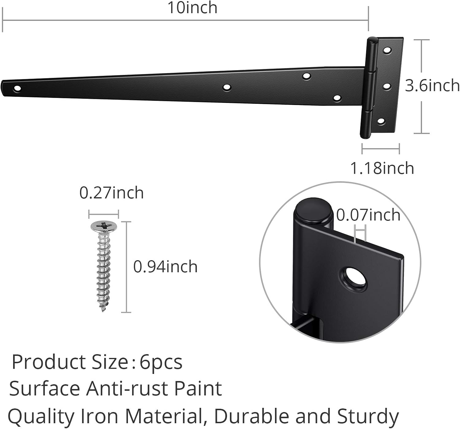 Justech 6PCs 10" Heavy-Duty T-Hinge Tee Shed Hinge Set T-Strap Hinges Black Forged Metal Iron Gate Door Barn Hardware with Screws - Image 5