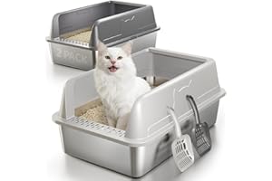 Fusblom 2 Pack Stainless Steel Cat Litter Box with Lid, Large Metal Litter Pan for Large Cats & Multi-Cat, High Sides with An