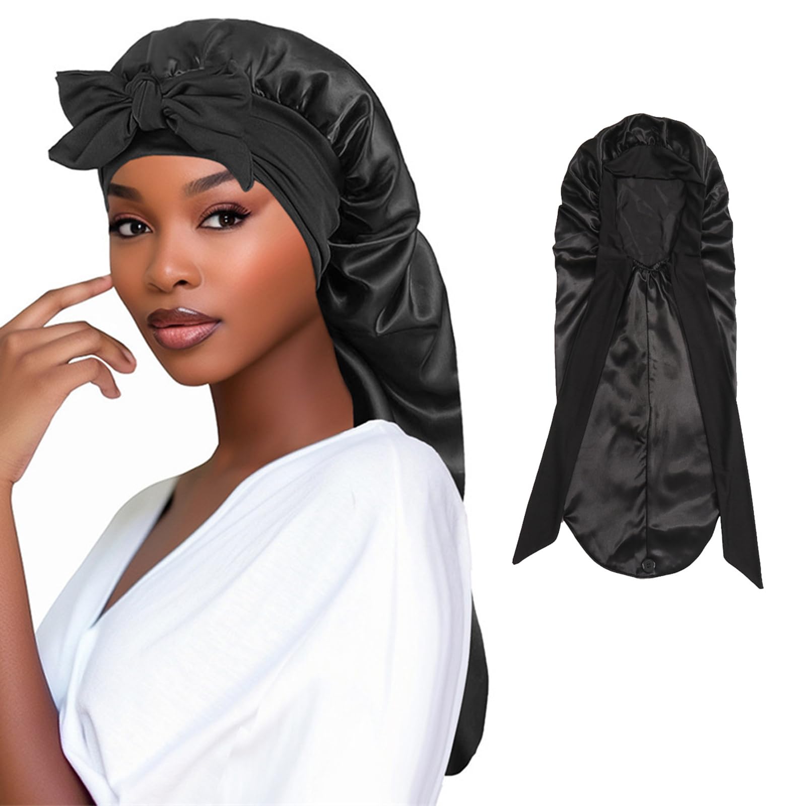 Mtbricey Satin Bonnet Extra Long Silk Sleep Bonnets for Women Adjustable Satin Night Sleeping Cap with Elastic Band Silk Hair Cap for Sleeping Hair Bonnet for Long Curly Hair Braid (Black, 1 Pcs)
