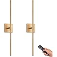 Battery Operated Gold Wall Sconces Set of 2, 30" Wireless Rechargeable LED Wall Lamps with Remote Control, 3 Color Stepless Dimming 360° Rotate Wall Decor Lighting for Living Room Hallway Bedroom