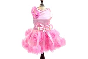 SMALLLEE_LUCKY_STORE Pet Small Dog Wedding Dress with Bowknot Birthday Party Costume Satin Rose Pearls Girl Formal Dress Cat Tutu Pink, Medium