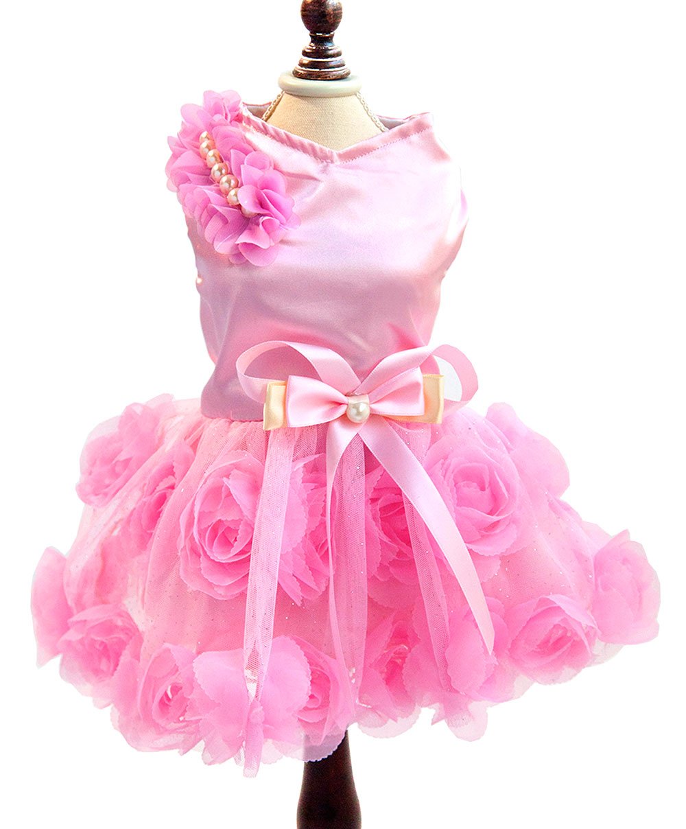 SMALLLEE_LUCKY_STORE Pet Small Dog Wedding Dress with Bowknot Birthday Party Costume Satin Rose Pearls Girl Formal Dress Cat Tutu Pink, Small