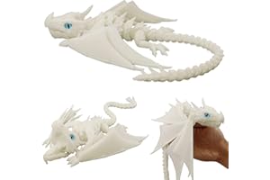 LehuoMaker 3D Printed Dragon with Wings, Fidget Dragon Toys, 3D Printed Animals, Flexible Articulated Winged Crystal Dragon Model,Home Office Decor Desktop Pet(Luminous White)