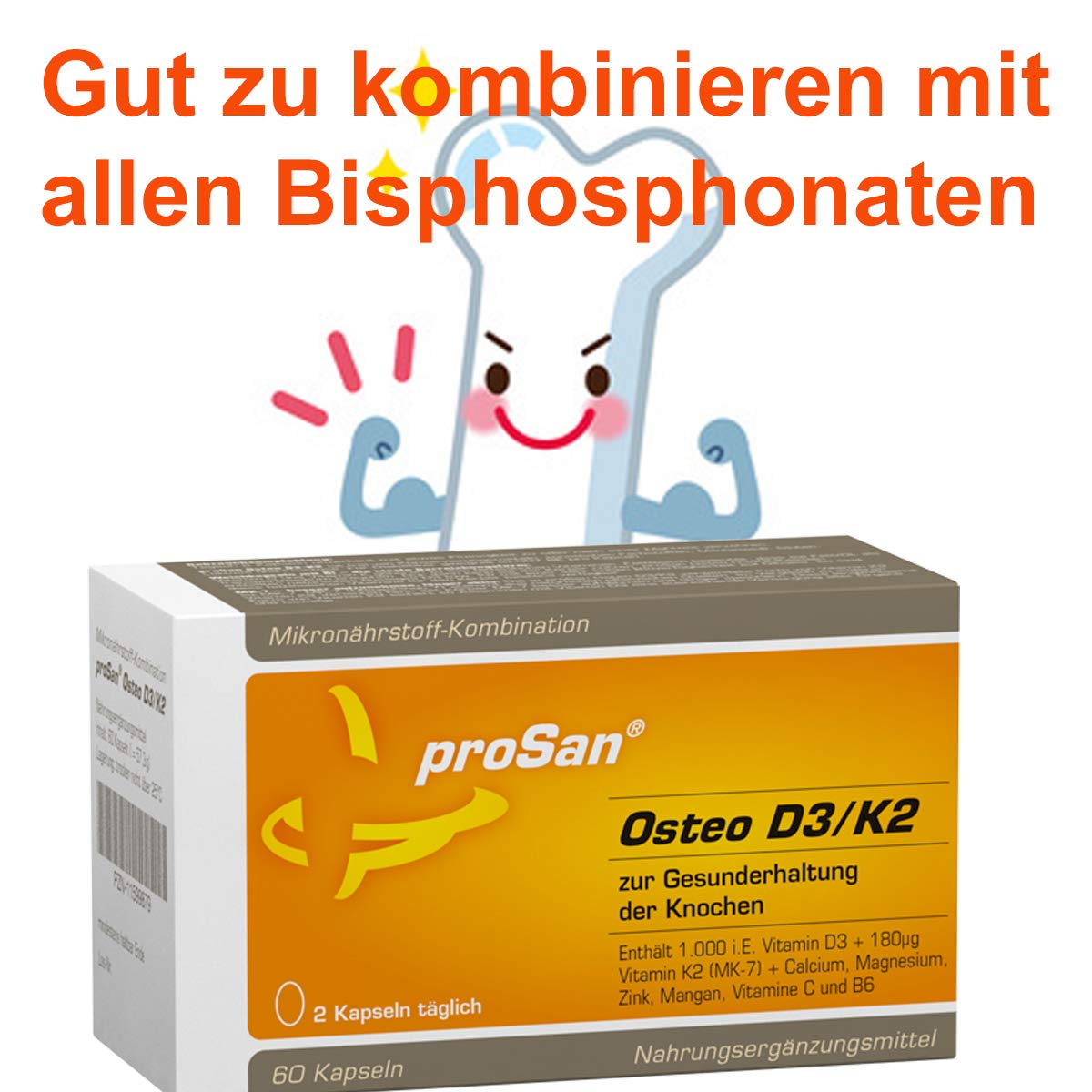 proSan Osteo D3/K2 (60 Kapseln) | Vitamin D3 + Vitamin K2 + Calcium + Magnesium zur Erhaltung normaler Knochen + weitere Mikronährstoffe | gut zu kombinieren mit allen Medikamenten gegen Osteoporose 4