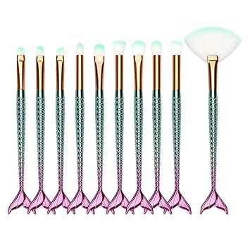 Start Makers Mermaid Synthetic Fiber Eyeliner Eyeshadow Blending Fish Tail Makeup Brushes Set, 10 Pieces