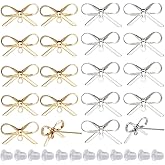 SUNNYCLUE 1 Box 50Pcs Real 18K Gold Plated + Real Platinum Plated Bowknot Earring Posts with Loop 20Pcs Ear Studs with 30Pcs Plastic Ear Nuts Earring Studs for Jewelry Making Accessories DIY Crafts