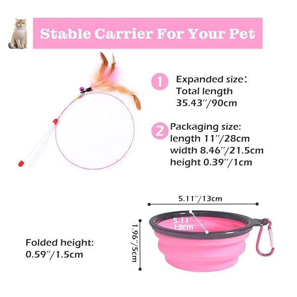 VIVICREATE LARGE CAT BACKPACK CARRIER WITH FOLDING BOWL AND TEASER STICK FOR CATS UP TO 20LBS WITH VENTILATION AND PADDED STRAPS MOCHILA PARA GATOS TRANSPORTADORA MASCOTAS (PINK)
