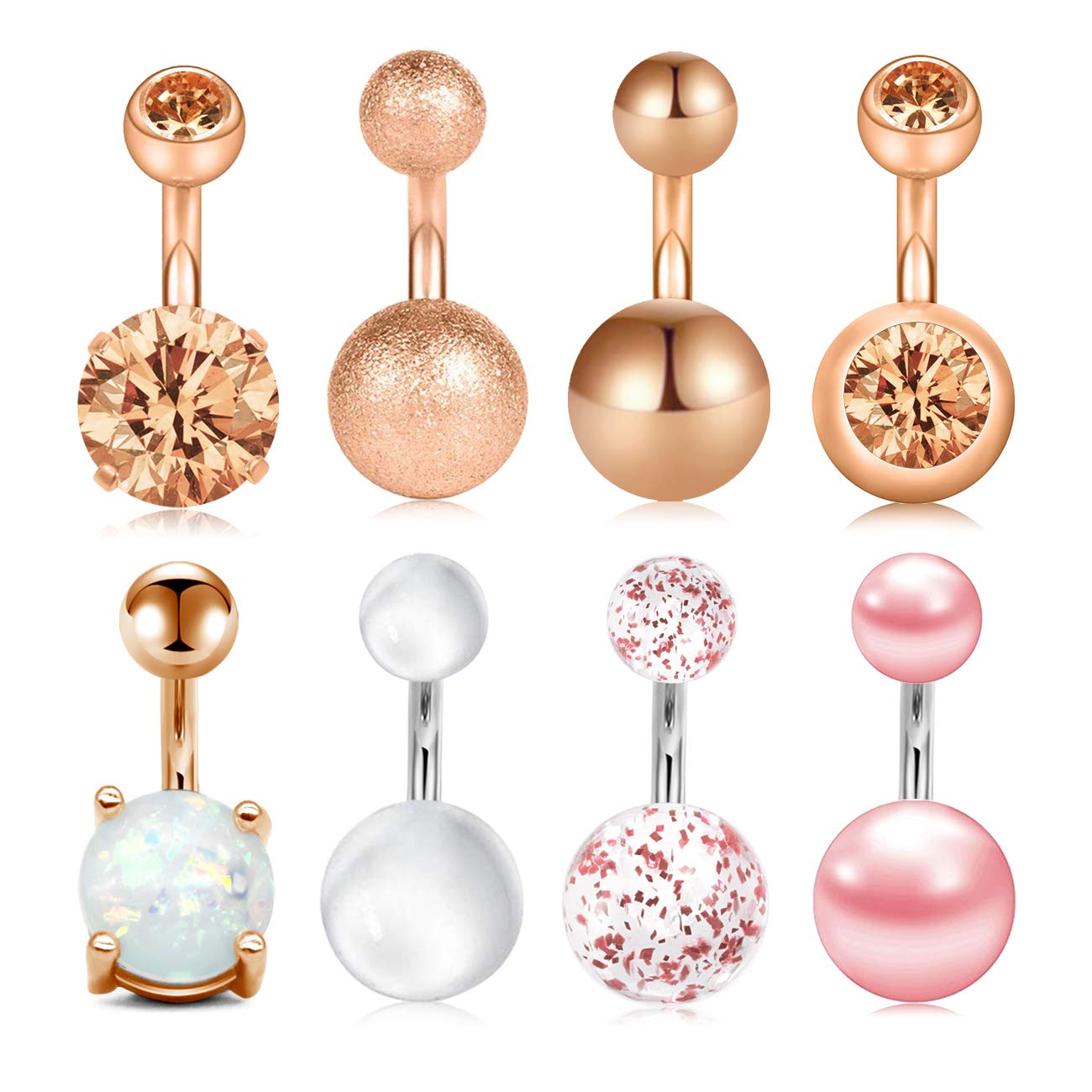 AceFun 8PCS 14G Belly Button Rings Navel Barbell 6mm Short Belly Rings Banana Barbell Body Jewelry Piercing 8 Style Rose Gold Pack