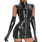 Women Sexy Tank Leather Dress, Gloves Not Included, Wetlook, Plus Size, Shiny Latex Hip Skirt