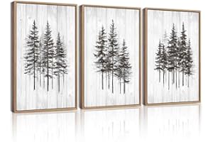 KUVIOKE Woodcut Pine Tree Framed Wall Art Nature Abstract Forest Wall Decor Rustic Minimalist Painting for Bedroom Dining Roo