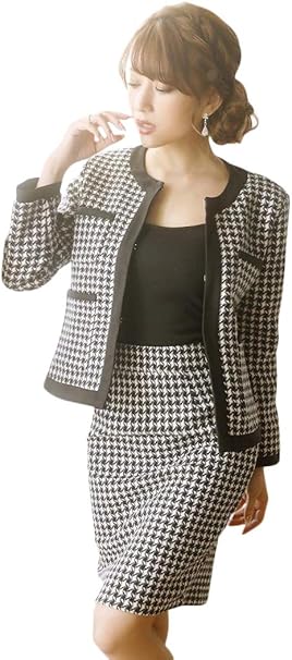 Amazon Ryuyu リューユ キャバスーツ 大きいサイズ 制服 Belsia Lux 千鳥柄 ノーカラー タイト 13号スーツ レディース スカートスーツ 通販