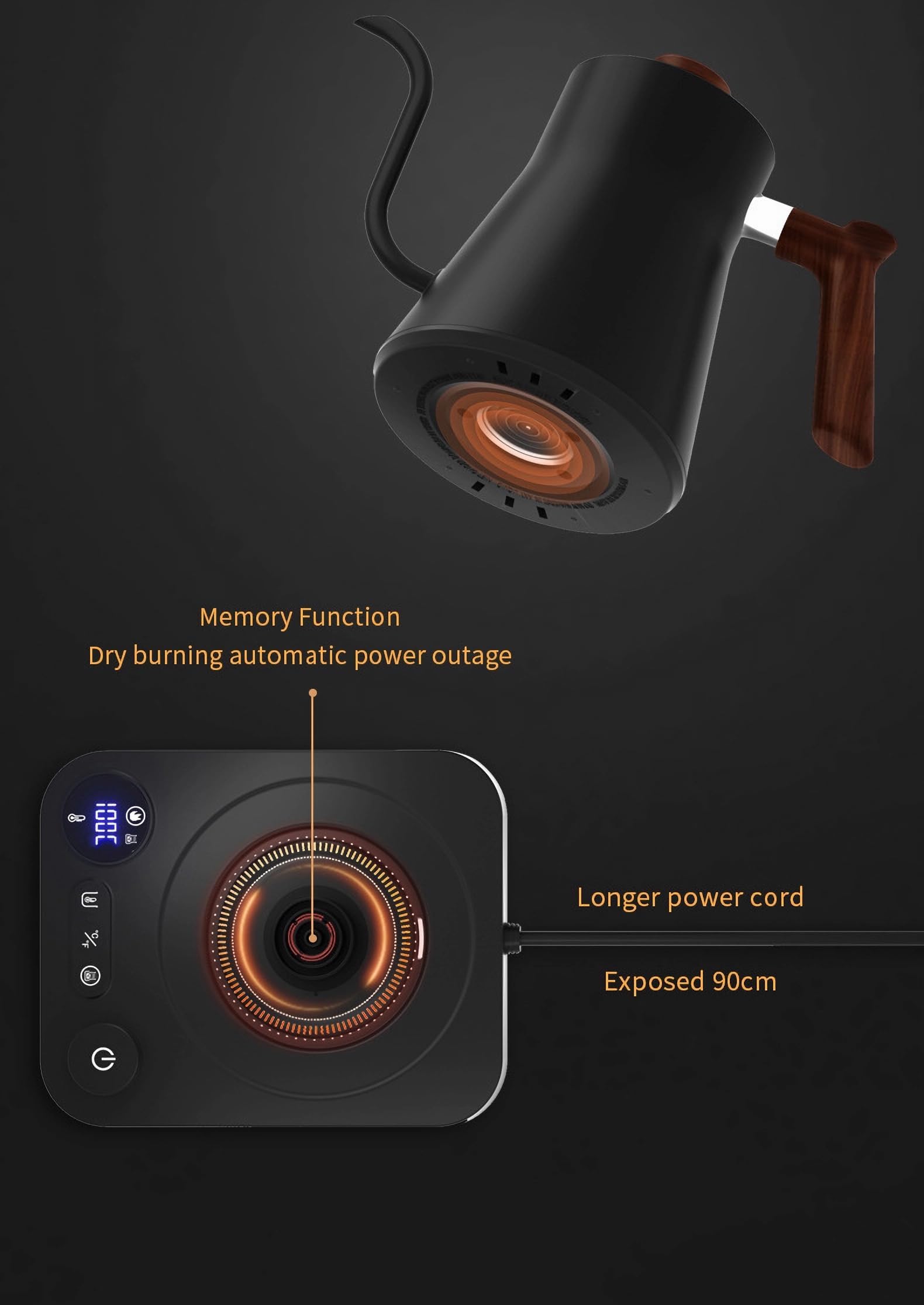 Hervidor eléctrico digital inteligente con control de temperatura variable, interior de acero inoxidable, hervidores eléctricos de cuello de cisne de calentamiento rápido de 1200 W, elegante acabado mate para café y bebidas calientes, 0,9 L (negro)