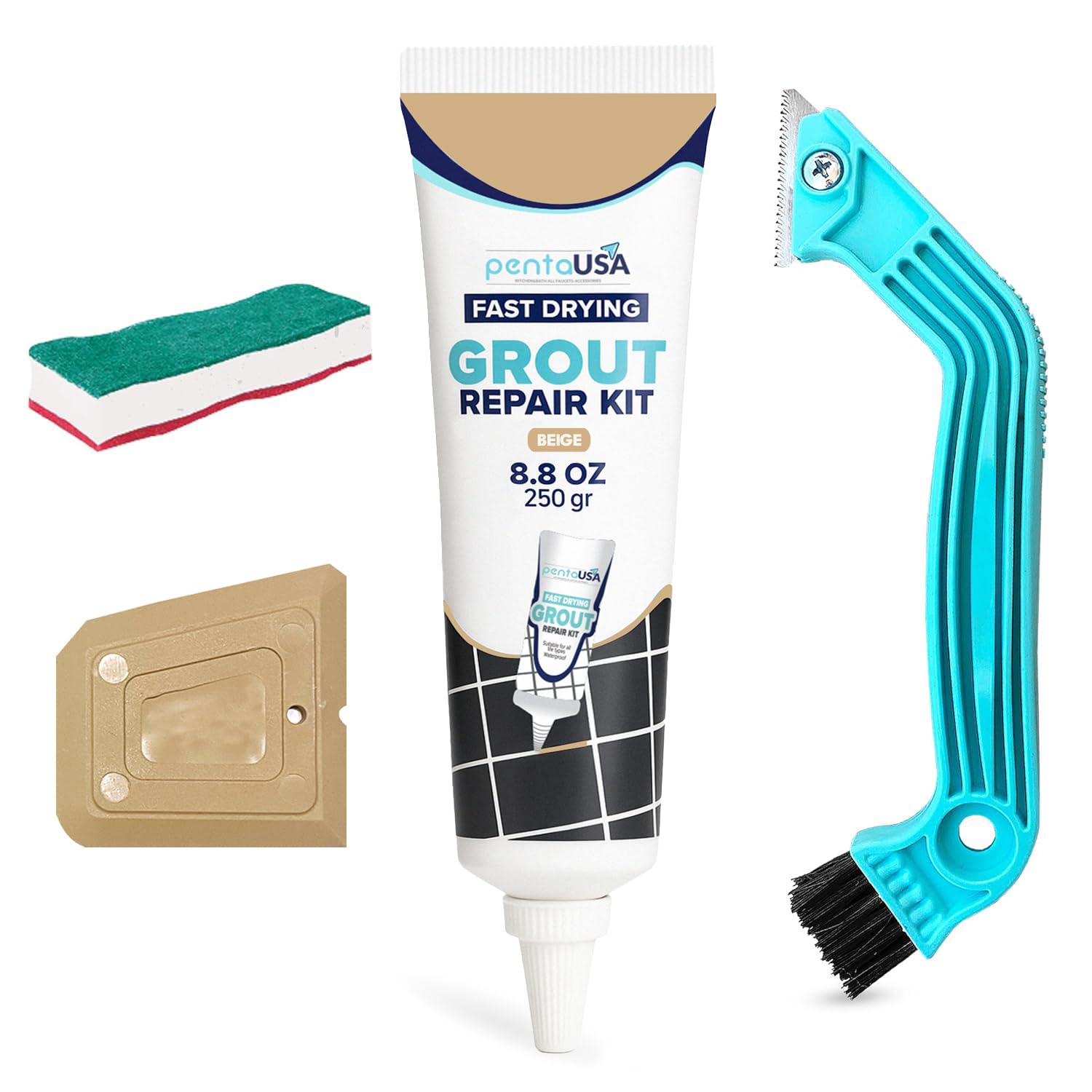 Grout - Ready Mixed Tile Grout - Sponge, Remover Saw and Scraper Set - Perfect for Bathroom, Kitchen, Floor Tiles (250g / Bundle Set) (Beige)
