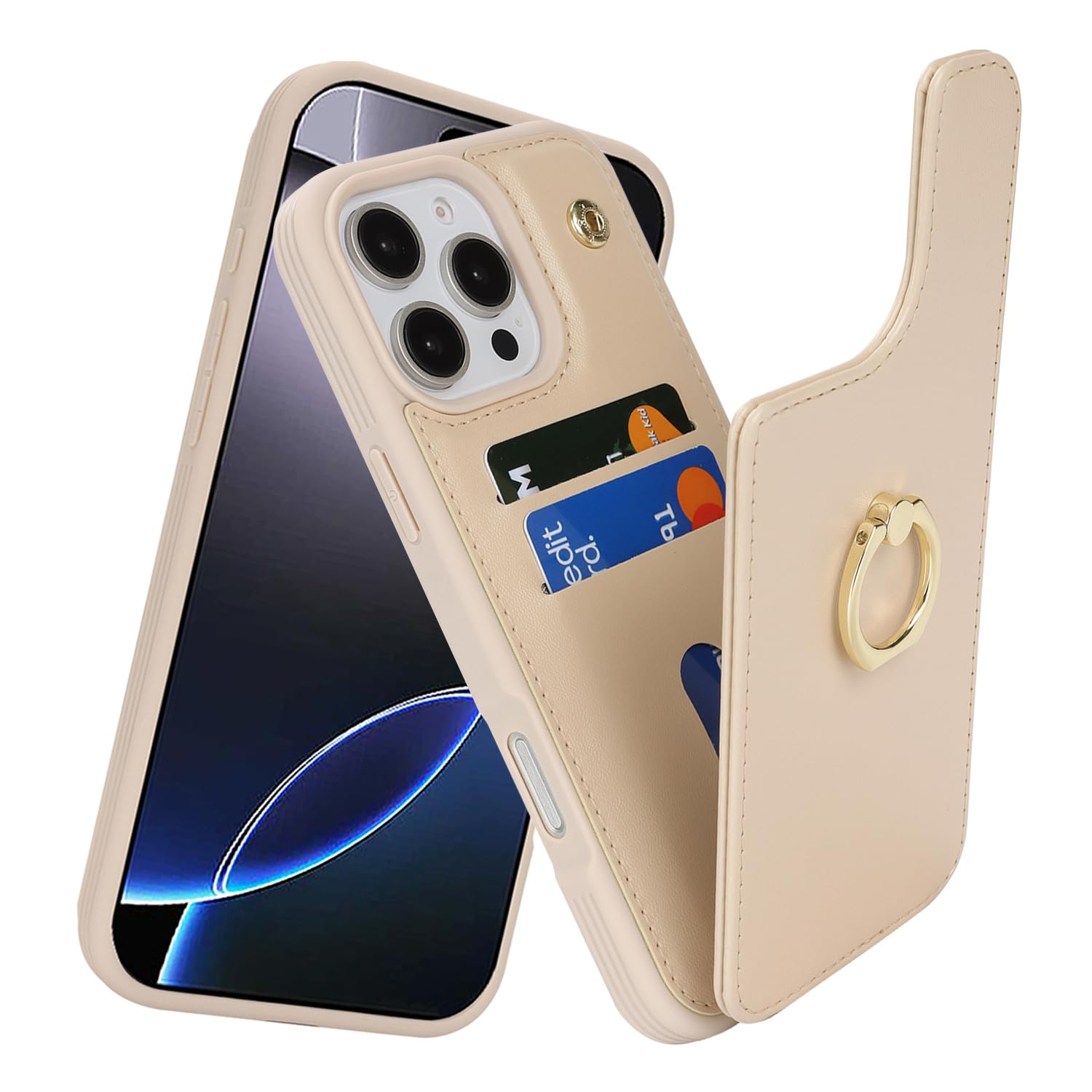 Lipvina for iPhone 16 Pro Max Case with Card Holder,Credit Card Holder,Ring Stand Kickstand,Flip Shockproof Phone Wallet Case for Women Men (6.9 inch,Beige)