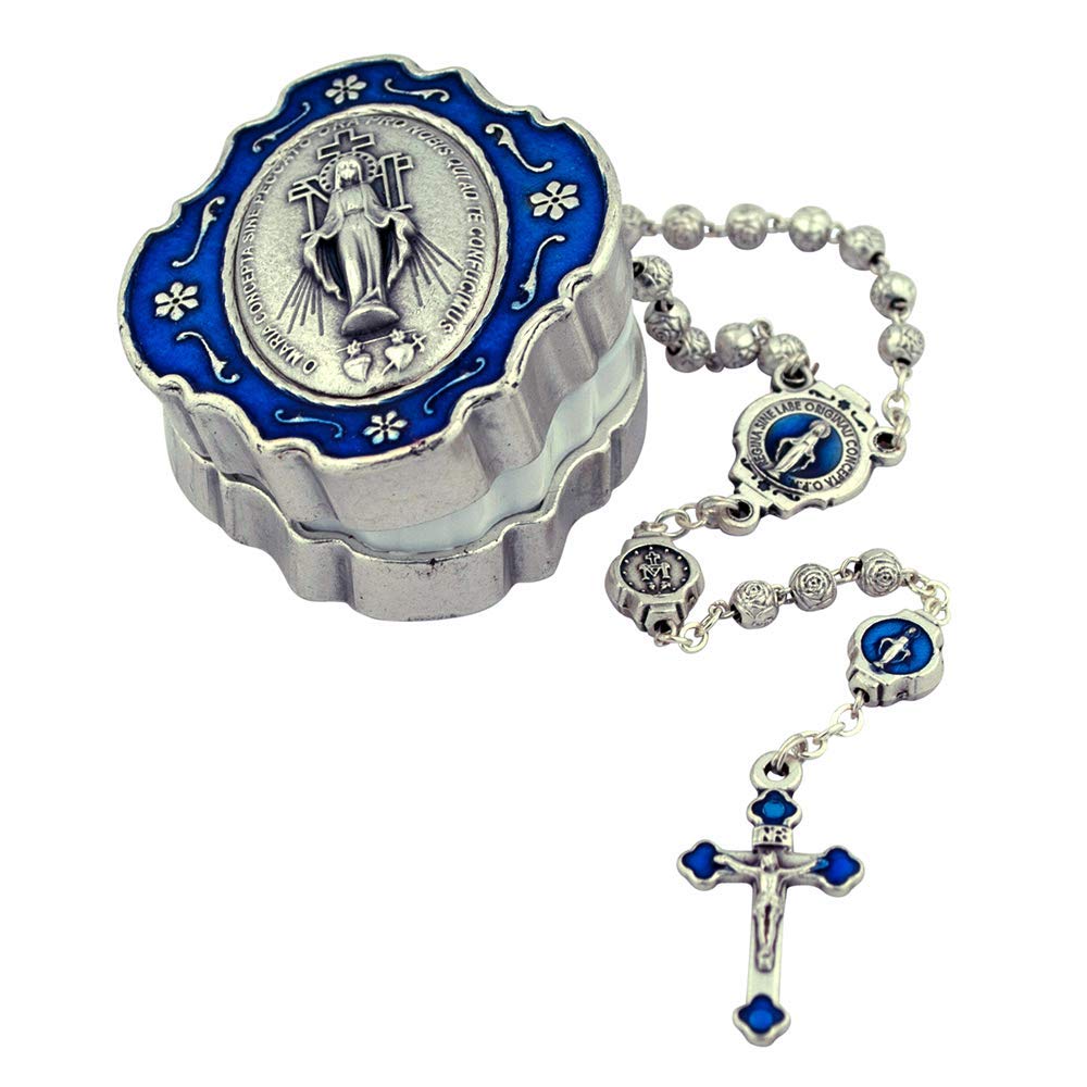 Small Rosary Gift Set | Miraculous Medal Centerpiece with Blue Enamel and Rosette Beads | Comes with Decorative Case