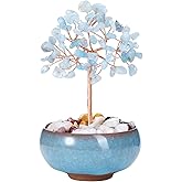 GEHECRST Aquamarine Crystal Tree Natural Healing Crystals Gemstone with Ceramic Base Handmade Stone Feng Shui Bonsai Money Tree for Wealth Good Luck Home Office Decor Crystal Gifts