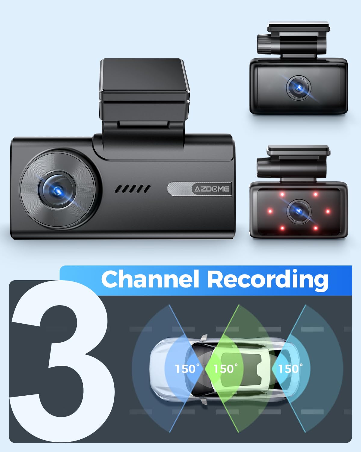 AZDOME 5K 3 Channel Dash Cam, Free 64GB Card, 4