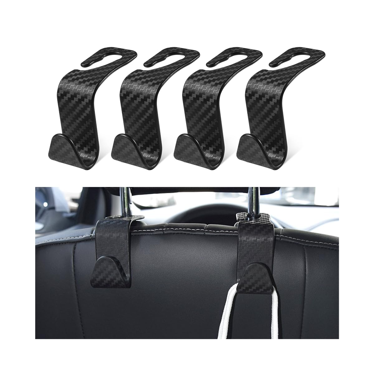 Hanemia 4 Pack Headrest Hooks for Vehicle Seats, Carbon Fiber/Black