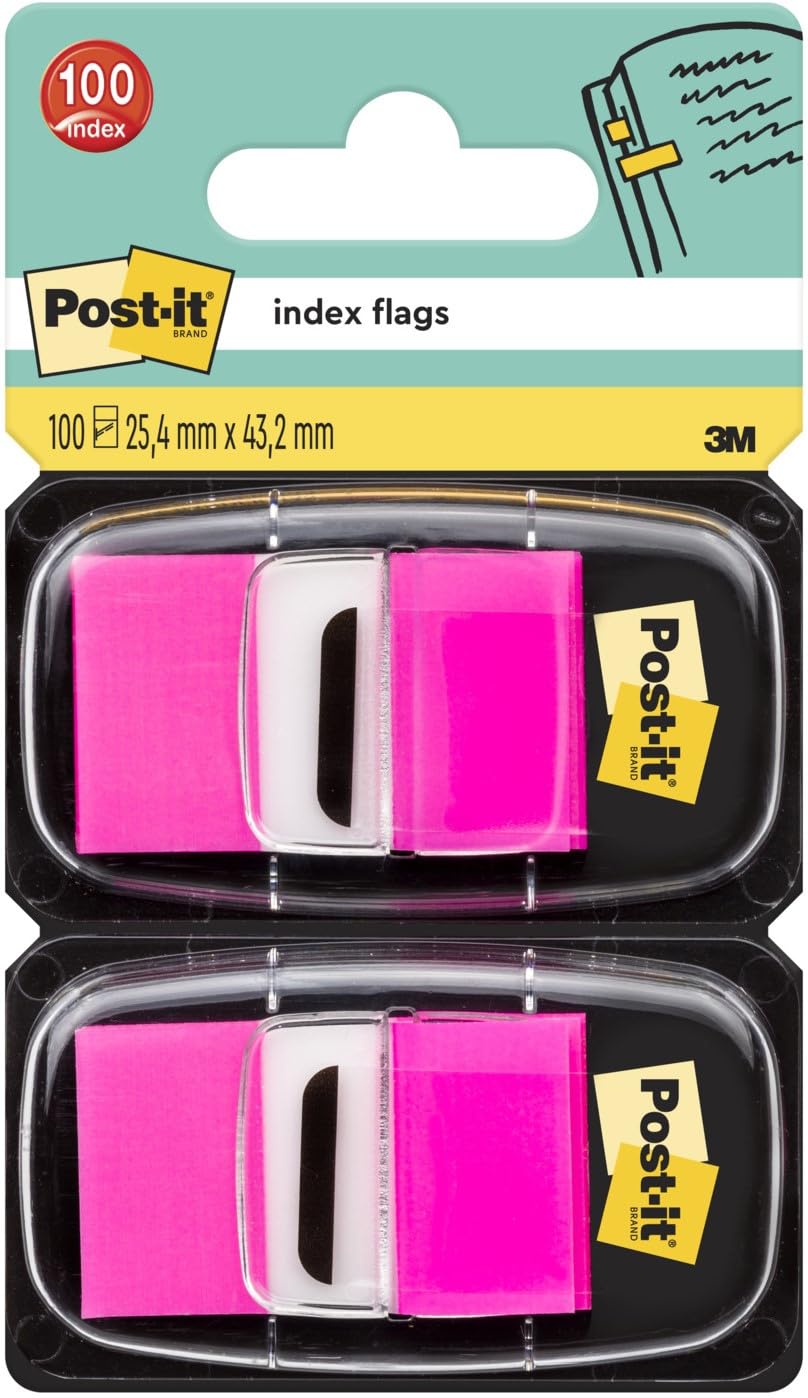 Post-it Index Flags, Medium, Pink, 2 Dispensers 25.4 mm x 43.2 mm, 100 Flags - to Mark, Highlight or Color Code Important Information