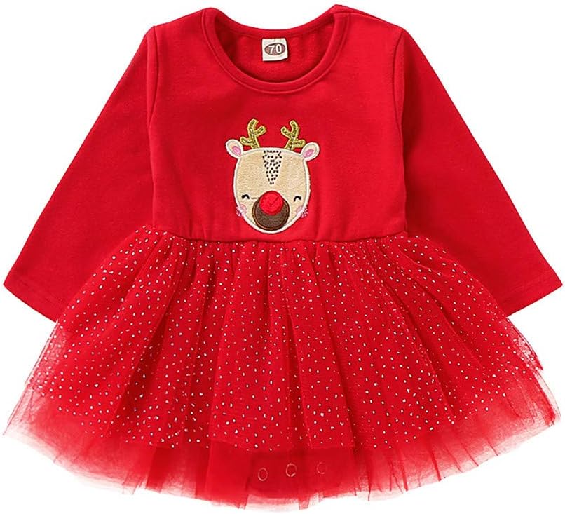 Muium Infant Baby Christmas Deer Dress Girls Santa Red Tulle Princess Dress Long Sleeve Romper Baby Xmas Outfit 0-18 Months
