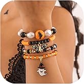 Decixde Halloween Bracelets for Women Pumpkin Skull Ghosts Bat Spider Stretch Beaded Bracelets Stackable Bracelet Halloween Jewelry for Women