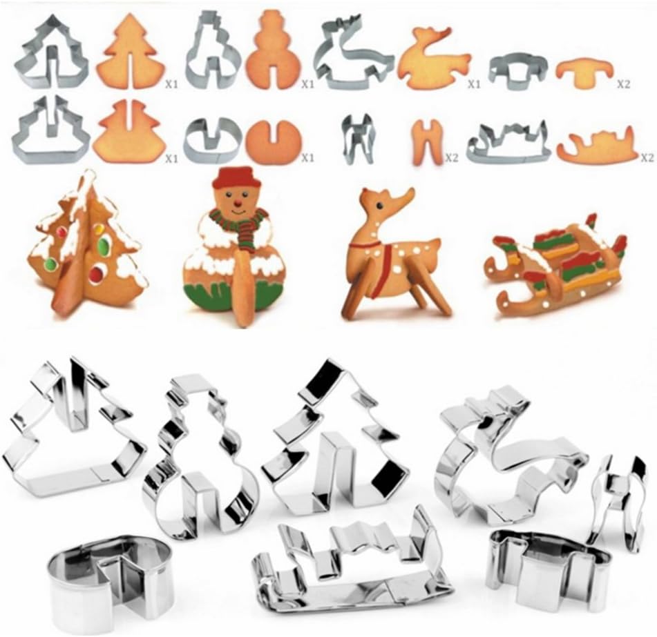 Cookie Cutters, YooHome 3D Christmas Cookie cutter Stainless steel, Set of 8 Christmas Dough cutters for Cookies, Cupcake Decoration,Cake Decoration,Icing,Sugarcraft–Christmas Tree/Snowman/Elk/Sled
