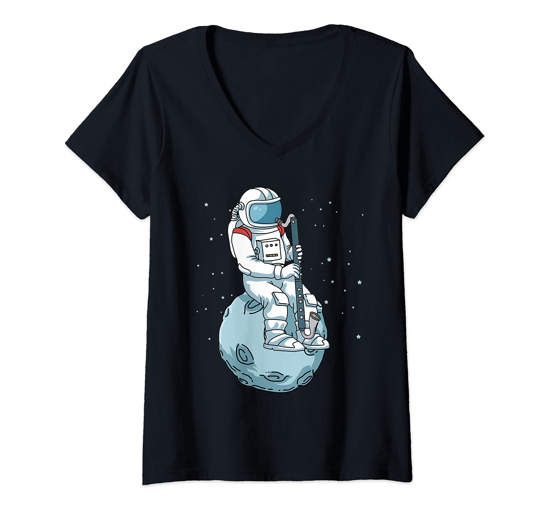 Womens Bass Clarinet Jazz Music Astronaut Bass Clarinet V-Neck T-Shirt