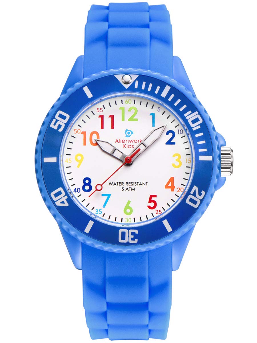 Alienwork Kids Children's Teacher Watch Boys Girls Blue Silicone Strap Multi-Coloured Children's Kid Waterproof 5 ATM Learning Time