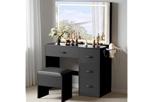 DWVO Makeup Vanity with Large LED Lighted Mirror, Vanity Desk with 4 Drawers & Power Outlet, Dressing Table with 3 Lighting Colors, Dressing Table with Cushioned Stool, Black