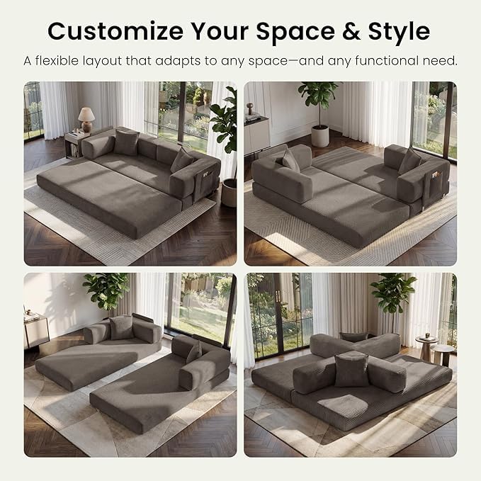 Convertible Folding Couch Bed, Comfy Corduroy Sleeper Floor Sofa Bed with Fixed-Shape Frame, Floor Sofa with Armrest, Lounge Couch for Living Room Bedroom Lounge Studio (Dark gray, 200CM) | boneless couch