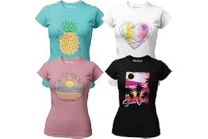 MISS POPULAR Girls 4-Pack Super Soft Short Sleeve T-Shirts Rainbow Butterfly Glitter Print Cute Design| Sizes 7-16