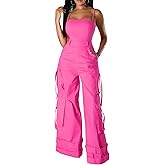 Tbahhir Women Casual Cargo Jumpsuits Sleeveless Strap High Waisted Jumpsuit Wide Leg Romper with Pockets Party Club