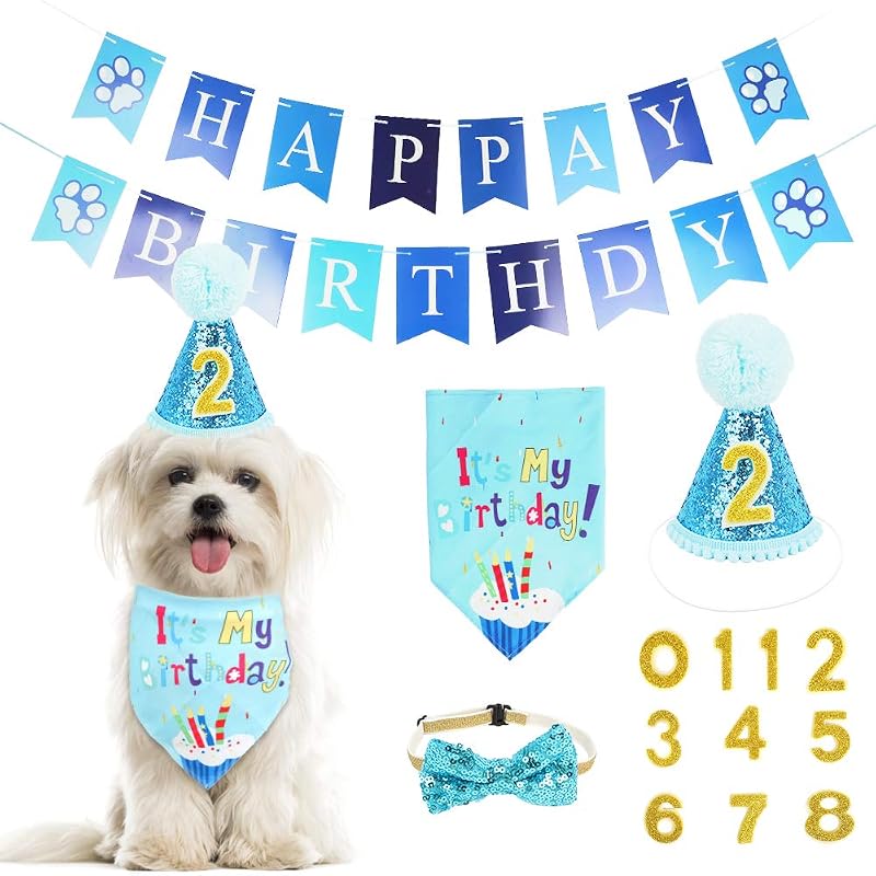 WOVTE Dog Birthday Set Hat Bandana Bow Tie Banner Blue Flags Birthday