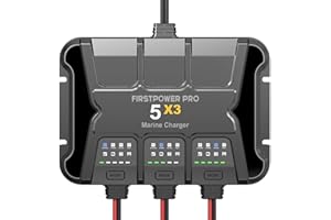 FIRSTPOWER PRO 3 Bank Marine Battery Charger 5X3, 15A (5A/Bank) - 15A Onboard Charger, 12V Waterproof Boat Battery Charger, Battery Maintainer for SLA/AGM, Lithium, Calcium - Charged 24/7