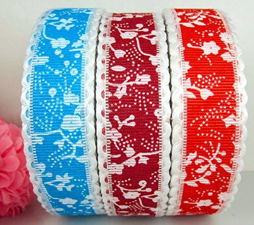 Mixed 3 Colors Art Craft Ribbons Printed Flower Ribbon Polyester Lace Ribbon Christmas Halloween Ribbon 30yards 25mm (Blue/Red/Orange)