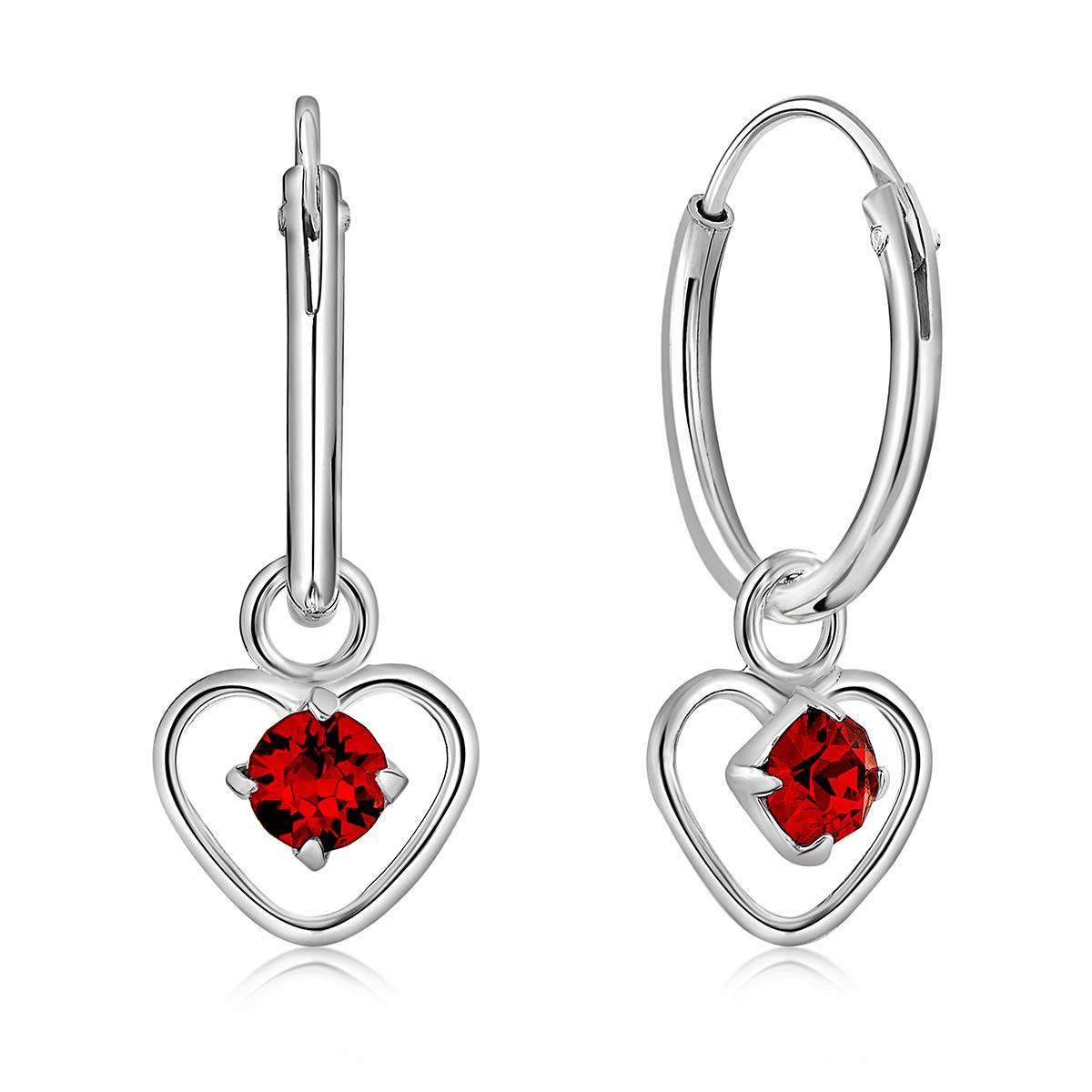 925 Sterling Silver Small Hoops Earrings with Dangling Heart in Glittering Crystals 3 mm - Red Heart Earrings - Thickness 1.2 mm - Diameter: 12 mm