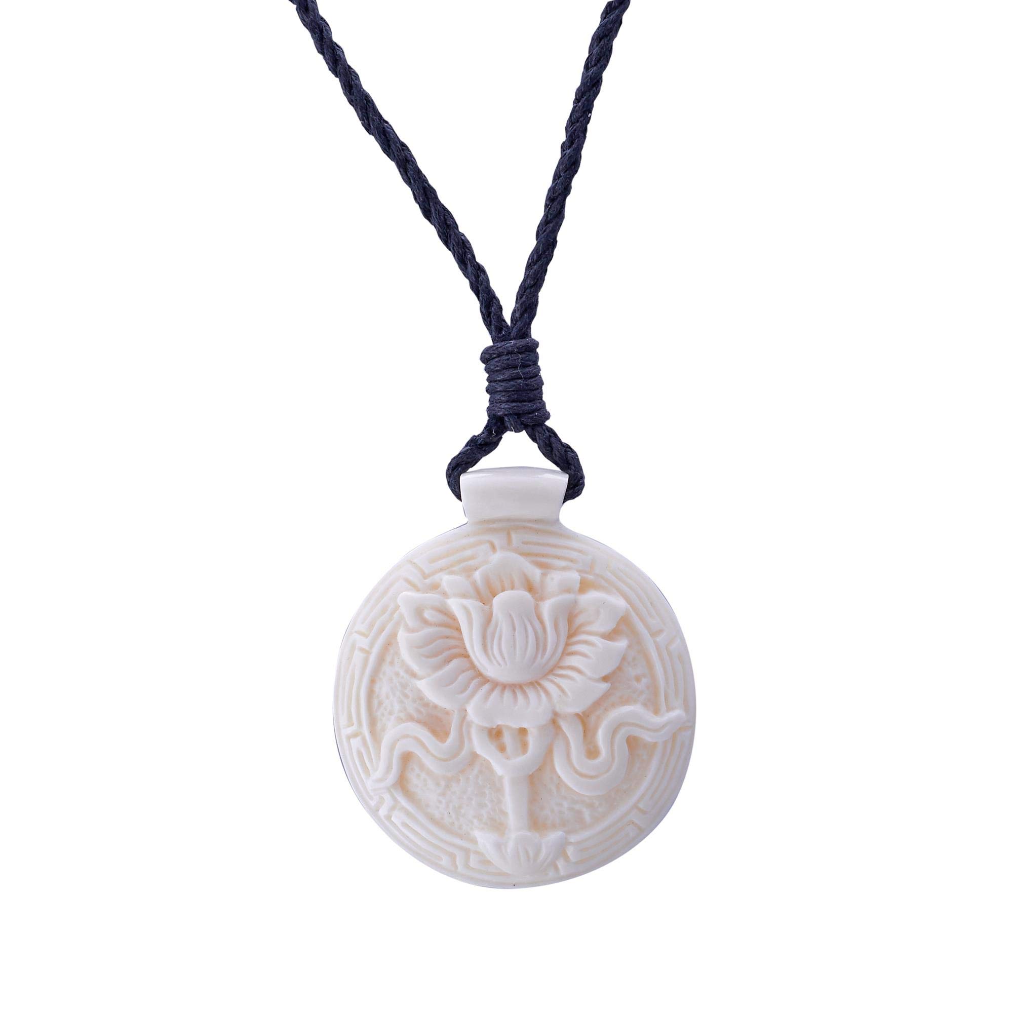81stgeneration Hand Carved Bone Lotus Necklace for Men and Women - Round Buddhist Flower Medallion Pendant - Handmade Spiritual Gift - Hindu Symbol Meditation Jewellery - Men's Tribal Cord Necklaces