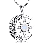 MILKYX Celtic Knot Crescent Moon and Star Necklace, 925 Sterling Silver Natural Moonstone Pendant, Mystical Celestial Jewelry Gift for Women