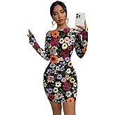Xuani Women's Sexy Off The Shoulder Bodycon Mini Dress Tie Dye Long Sleeve Ruched Asymmetrical Club Dresses (US, Alpha, Large, Regular, Regular, Flower Tie Dye)